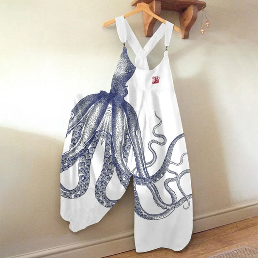 Comstylish Vintage Japanese Art Octopus Print Loose Casual Jumpsuit