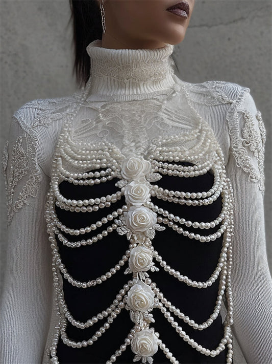 Classy Roses Skeleton Pearls Lace Embroidered Turtleneck Sweater artswardrobe