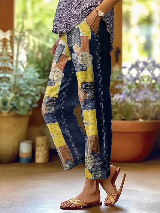 Women's Retro Geometric Floral  Patchwork Art Cotton And Linen Casual Pants artswardrobe