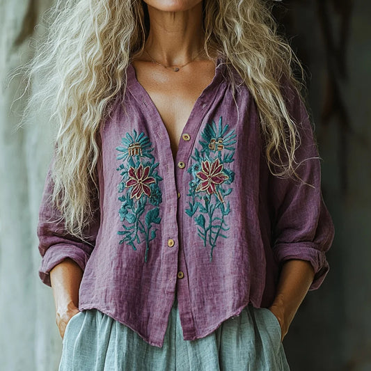 Bohemian Style Linen Floral Art Print Long Sleeve Loose  Shirt artswardrobe