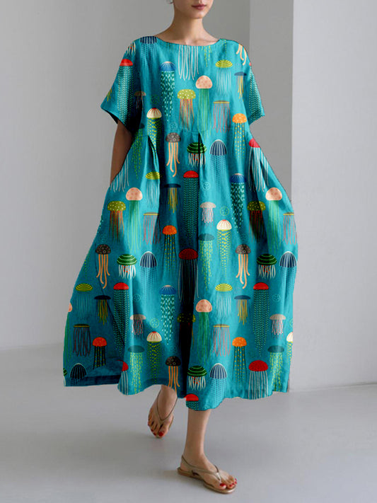 Comstylish Colorful Jellyfish Art Pattern Linen Blend Maxi Dress