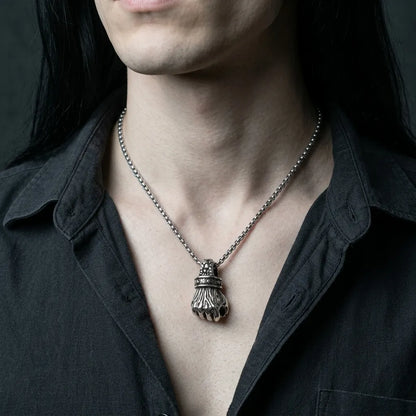 Skull-Topped Skeleton Fist Pendant Necklace