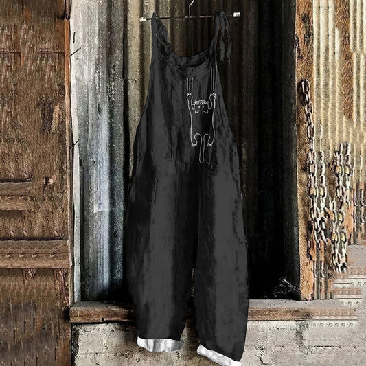 Vintage Cute Cats Art Linen Blend Loose Casual Jumpsuit elevenforest