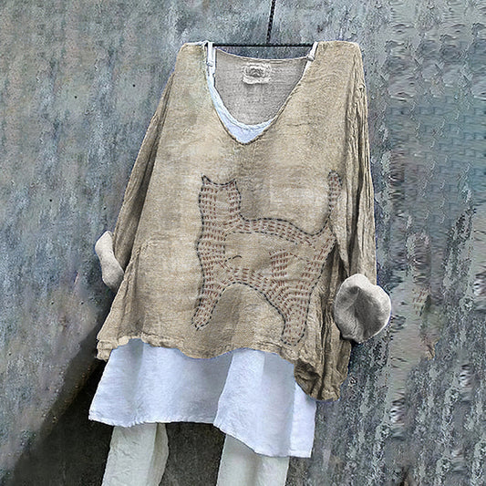 Vintage Abstract Cat Sashiko Art Linen Blend Blouse elevenforest