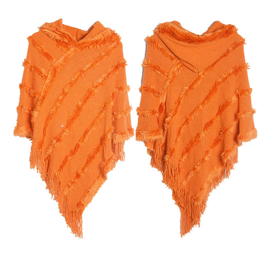 Vintage Solid Fringed Hooded Sweater Pullover Shawl elevenforest