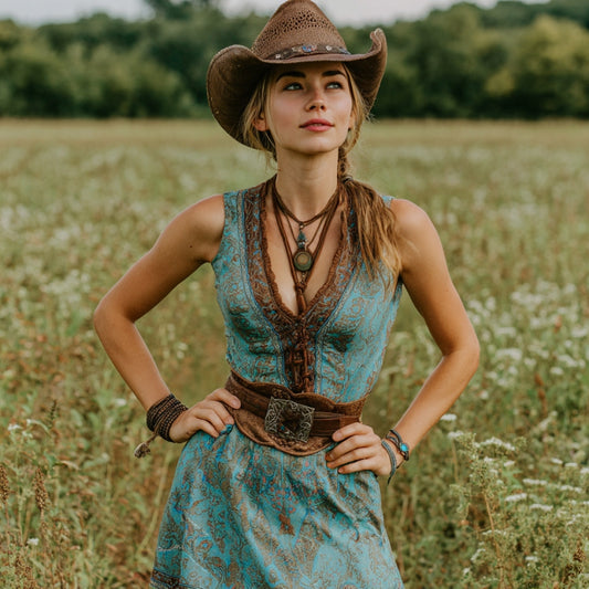 Women's Western Paisley Print V-neck Tank Midi Dress artswardrobe