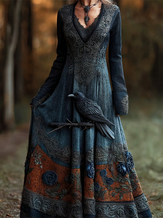 Comstylish Halloween Vintage Rose Raven Dark Art Women's V-neck Long-sleeve Maxi Dress