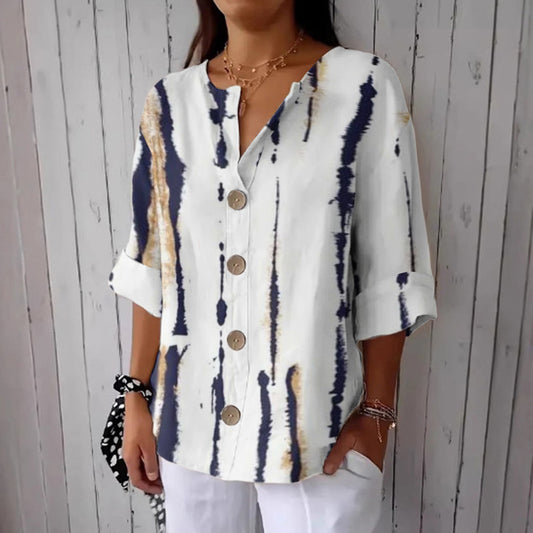 Women's Stripe Art Print Button Linen Blend Shirt artswardrobe