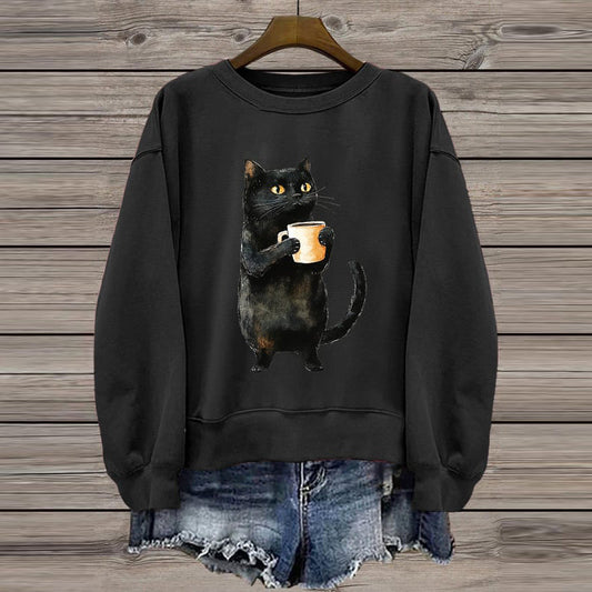 Women's Cute Black Cat Print Casual Sweatshirt elevenforest