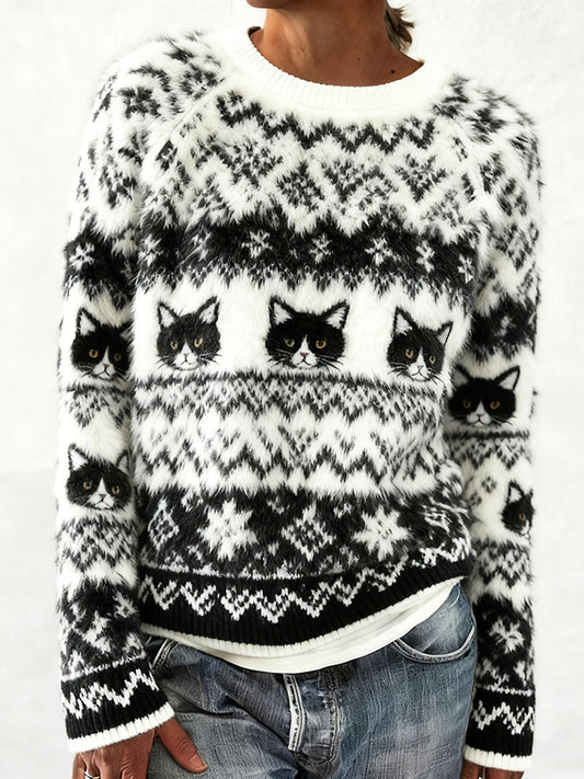 Comstylish Retro Cat Tiffany Argyle Knit Black And White Crew Neck Sweater
