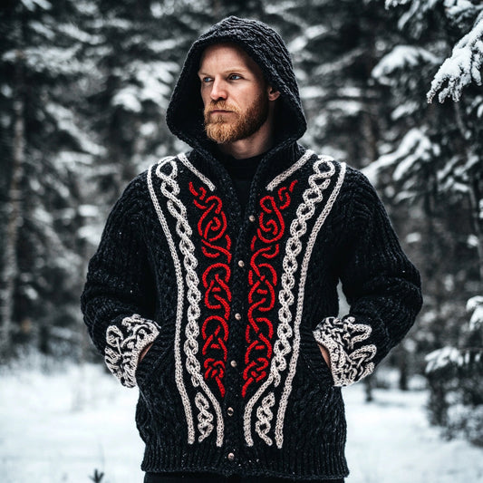 Men's Viking Celtic Knot Jacquard Contrast Hooded Button Sweater elevenforest