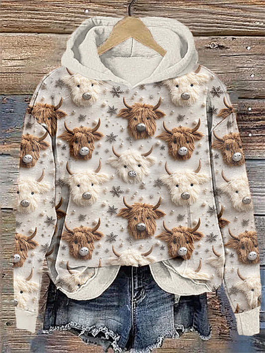 Highland Cow & Christmas Snowflake Casual Cozy Hoodie artswardrobe