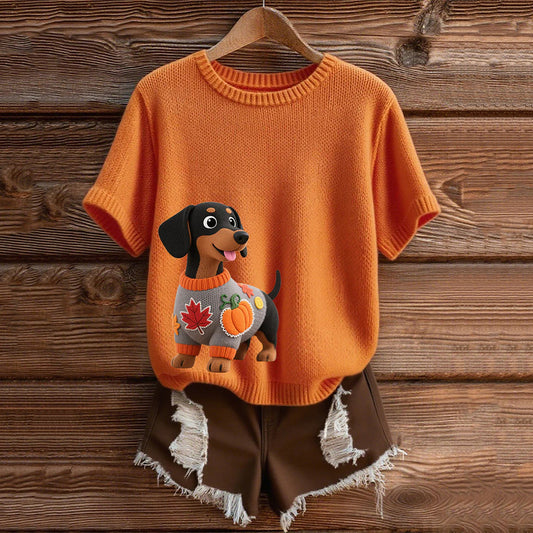 Vintage Dachshund  With Felt In Autumn Inspired Embroidered Short Sleeve Cozy Knit Sweater artswardrobe
