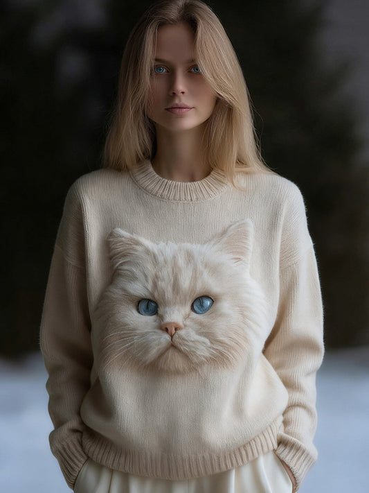 Comstylish Cute Fuzzy Cat Art Round Neck Cozy Knit Sweater