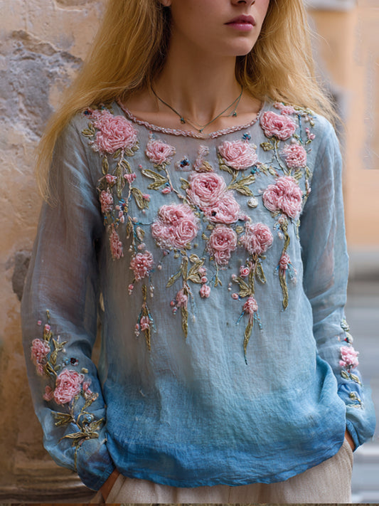Comstylish Bohemian Style Pink Rose Gradient Blue Round Neck Long Sleeve