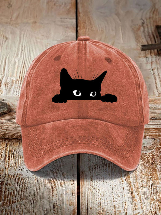 Comstylish Unisex Washed Cotton Bend Casual Black Cat Print Hat