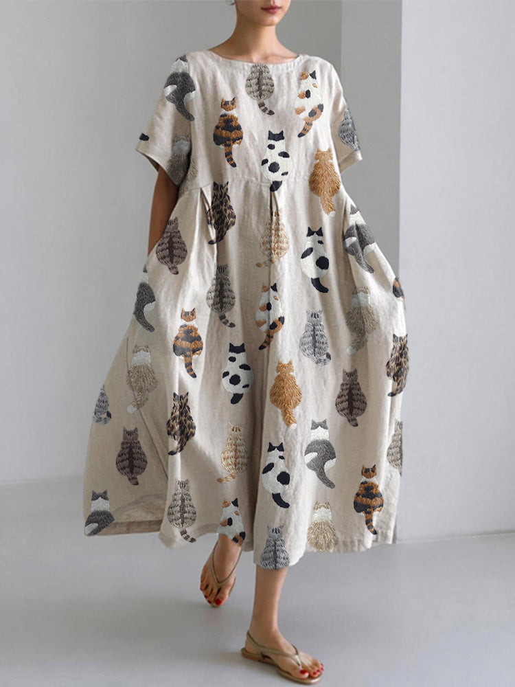 Cute Cats Embroidery Pattern Linen Blend Dress artswardrobe
