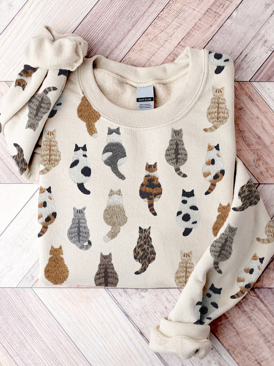 Comstylish Cute Cats Embroidery Pattern Casual Cozy Sweatshirt