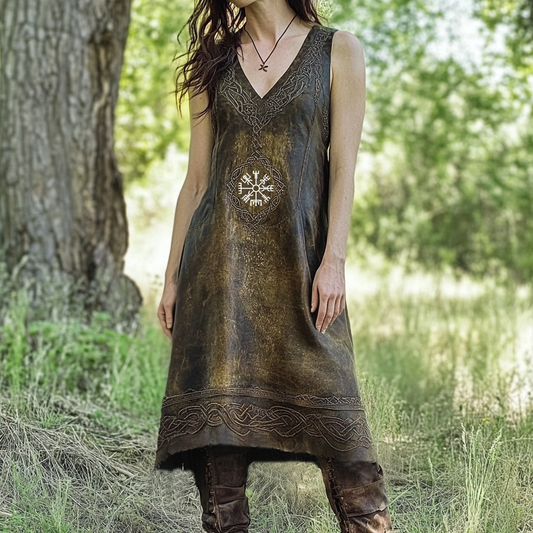 Women's Vintage Viking Rune Faux Leather Pattern Sleeveless Dress artswardrobe