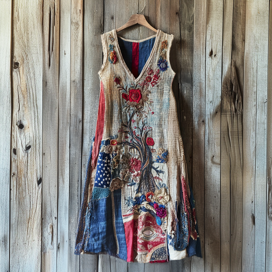 Women's Vintage Independence Day Flawer Embroidered V-neck Tank Midi Dress artswardrobe