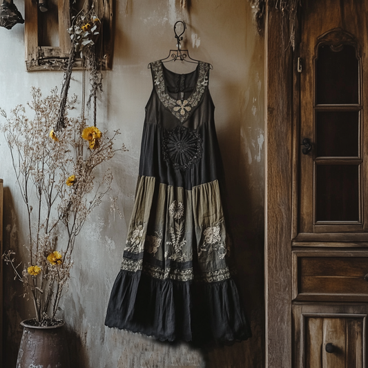Boho Gradient Floral Embroidered Pattern Lace Patchwork Art Linen Dress artswardrobe