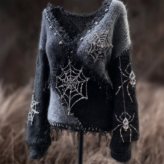 Halloween Spider & Spiderweb Diamonds Beaded Cozy Knit Sweater elevenforest