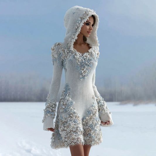 Comstylish Women Floral Art Gradient Knitted Elegant Hooded Mini Skirt