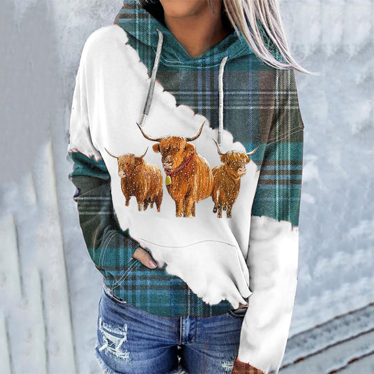 Comstylish Women's Western Highland Cow Plaid Print Long Sleeve Casual Hooded