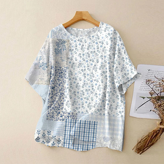 Women's Vintage Floral Geometric Art Casual Linen Crew Neck T-shirt artswardrobe