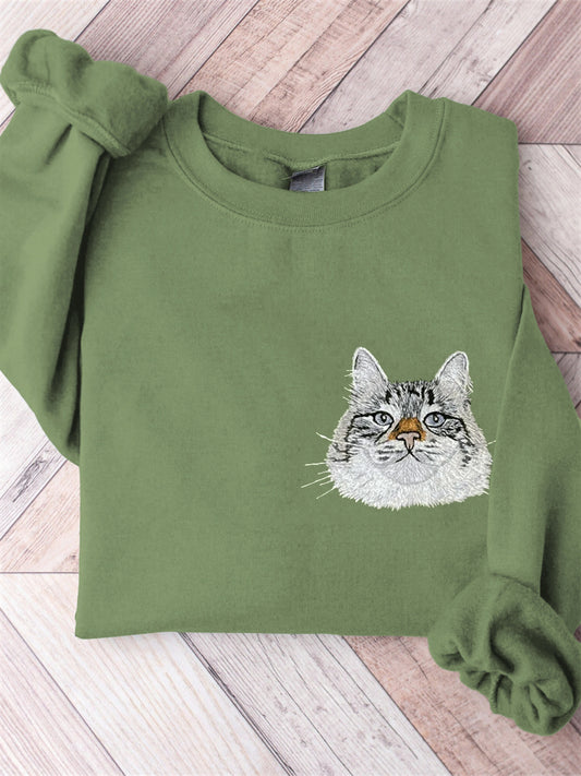 Comstylish Cute Cat Head Embroidery Casual Sweatshirt