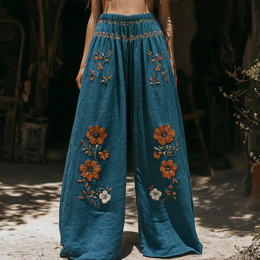 Women's Retro Linen Bohemian Ethnic Flowers Print Long Loose Wide-leg Trouser Pants artswardrobe