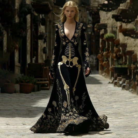 Comstylish Women's Gothic Style Skeleton Velvet V Neck Maxi Dress