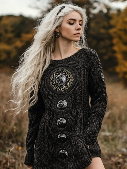 Moon Phase Embroidered Mystical Celtic Chunky Sweater Dress elevenforest