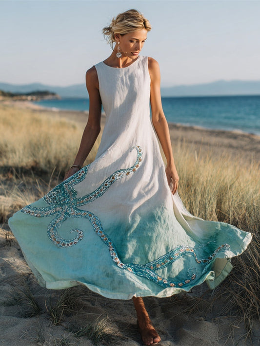 Ocean Octopus Embroidered Boho Art Women's Linen Vest Maxi Dress artswardrobe