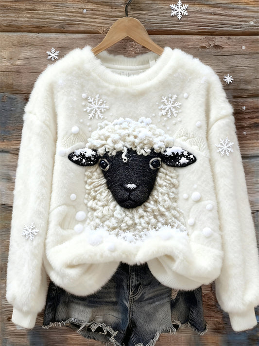 Farm Sheep & Snow Embroidered Cozy Plush Sweatshirt artswardrobe