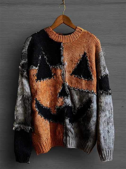 Halloween Pumpkin Face Colorblock Stitched Cozy Knit Sweater elevenforest
