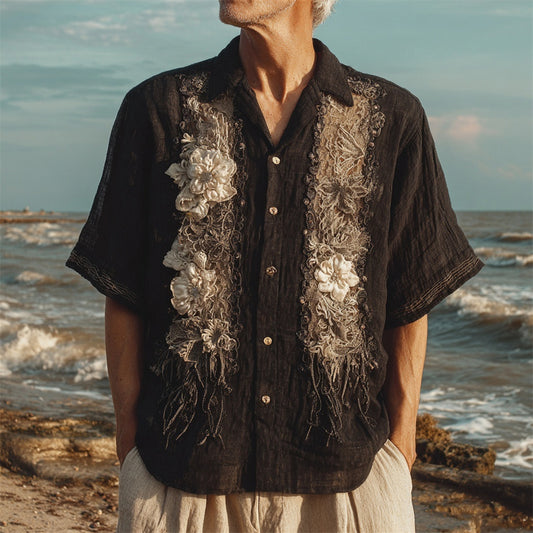 Vintage Boho Lace Floral Art Men's Linen Short Sleeve Shirt artswardrobe