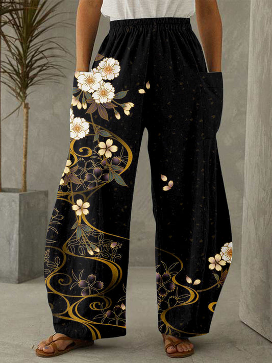 Comstylish Japanese Cherry Blossoms Art Wide Leg Casual Pants