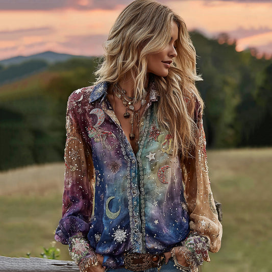 Comstylish Tie-dye Star Moon Embroidered Sequined Ombre Witch Shirt