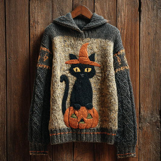 Halloween Witch Cat & Pumpkin Art Women's Hooded Sweater elevenforest