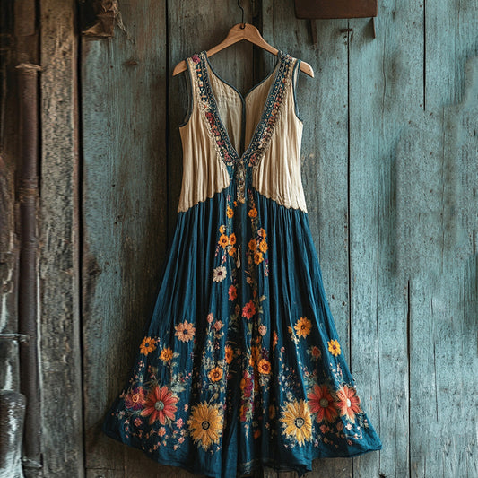 Women's Retro Floral Contrast Color Tank Midi Dress artswardrobe