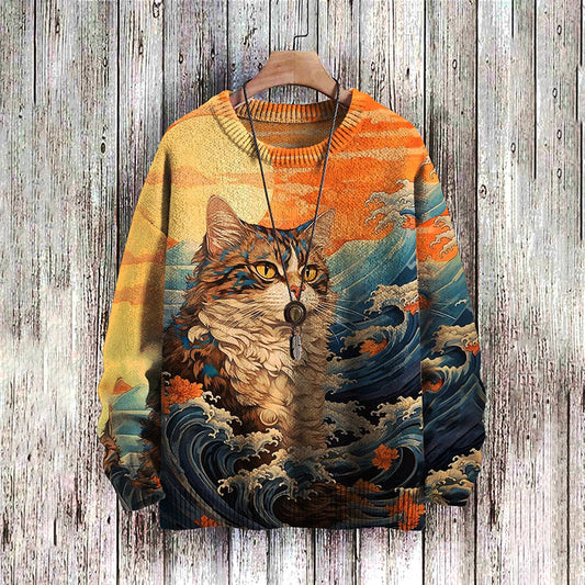 Retro Fashion Cat Print Casual Knit Pullover Sweater elevenforest