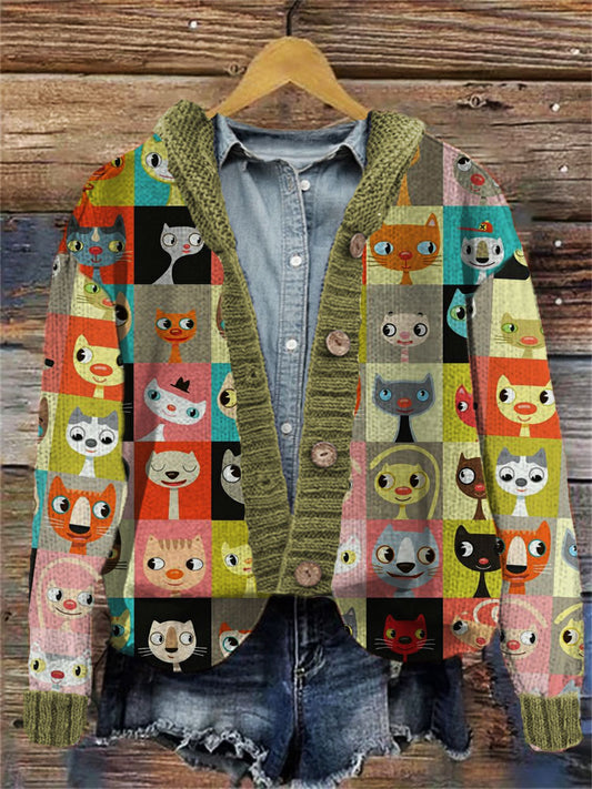 Colorful Cute Cats Embroidered Hooded Cardigan artswardrobe