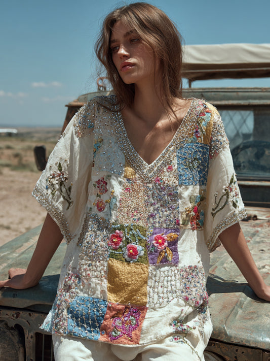 Bohemian Style Patchwork Three-dimensional Embroidery Silent White Vintage V-neck Short-sleeved Shirt artswardrobe