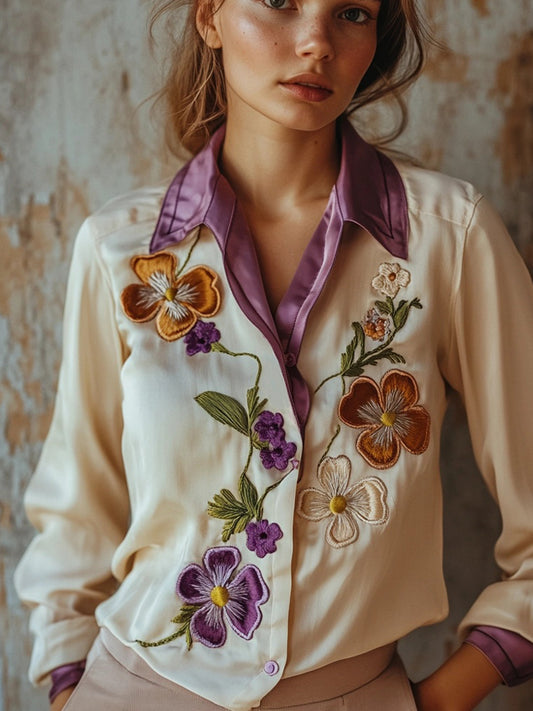 Comstylish Women's Pansy Flowers Embroidered Soft Silk Shirt
