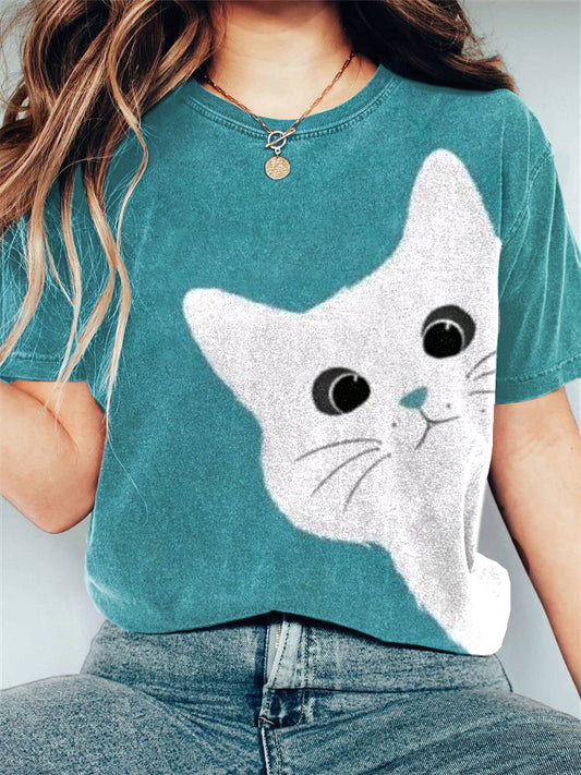 Cute White Cat Art Print Casual T-Shirt elevenforest