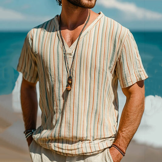 Men's Casual Fashion Striped Cotton And Linen V-neck T-shirt artswardrobe