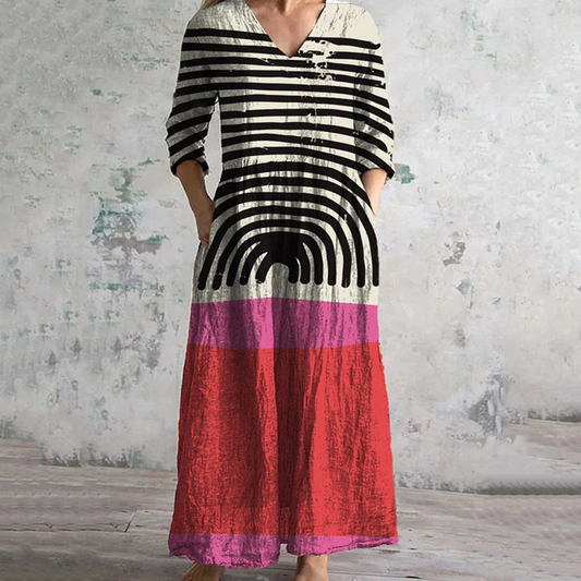 Vintage Stripe With Colorful Art Pattern Women's Linen Dress artswardrobe