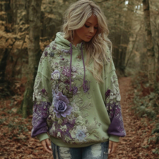 Women's Vintage Floral Embroidery Cozy Warm Hoodie artswardrobe