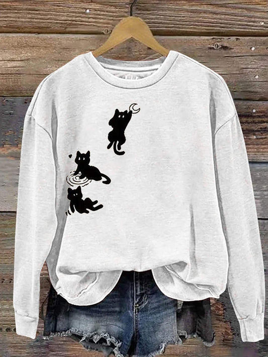 Mooncatcher Cat Print Casual Crew Neck Sweatshirt elevenforest